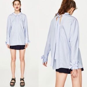 Zara Oversized Pinstriped Bow Shirt